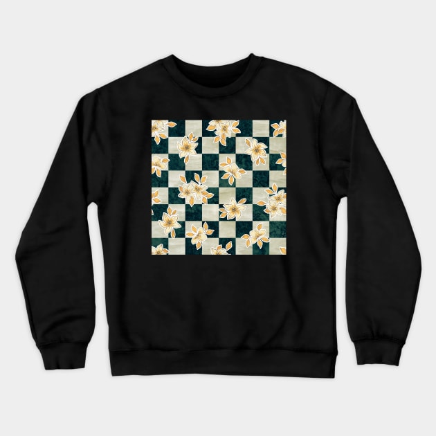 Yellow Flowers on a Checkerboard Background Crewneck Sweatshirt by SpiralBalloon